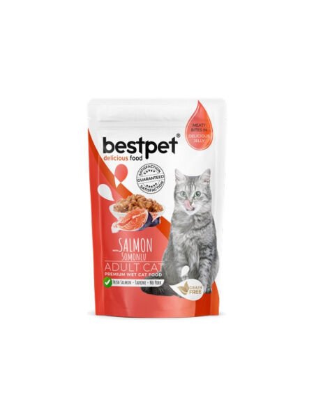 Bestpet 85 gr x 24 Adet Yetişkin Kediler Için, Tahılsız, Jöle Içinde Somon Parça Etli Yaş Mama