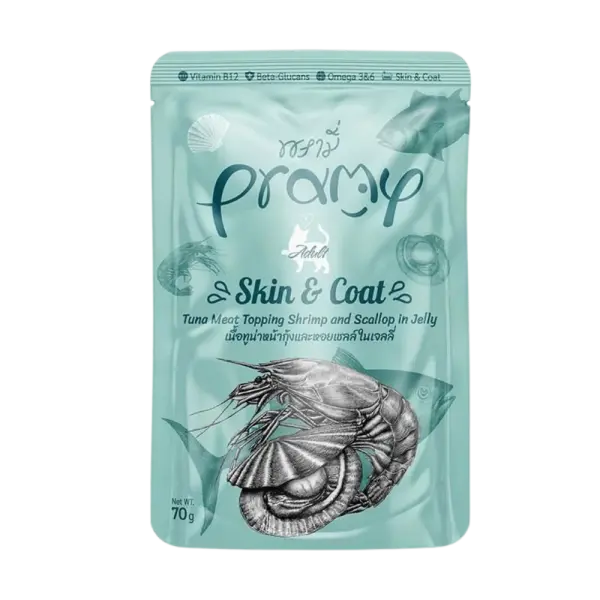 Pramy Skin Coat Jöle İçinde Karidesli Deniz Taraklı ve Ton Balıklı Kedi Yaş Maması 70gr