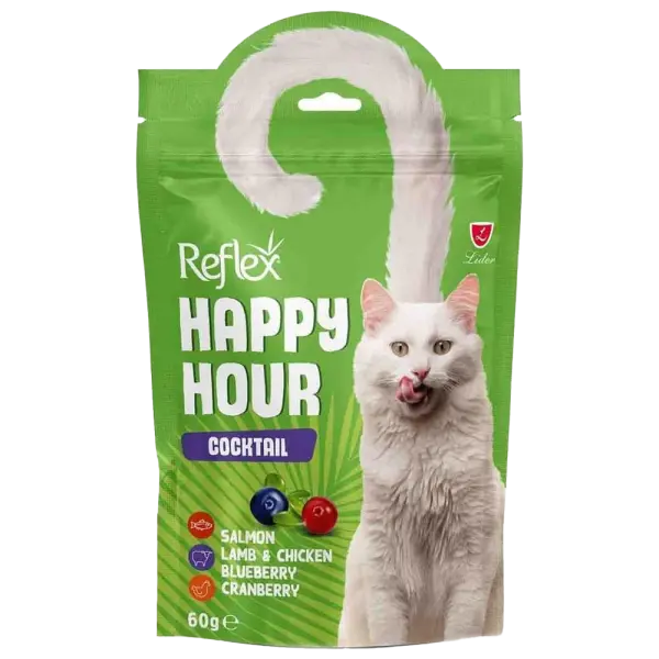 Reflex Happy Hour Cocktail Somonlu, Kuzulu, Tavuklu ve Yaban Mersinli Kedi Ödül Maması 60gr