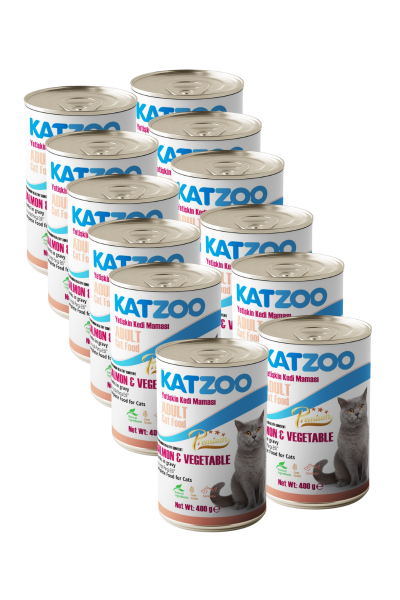 Katzoo Yetişkin Konserve Kedi Maması 400 gr x 12 | Somonlu Ve Sebzeli